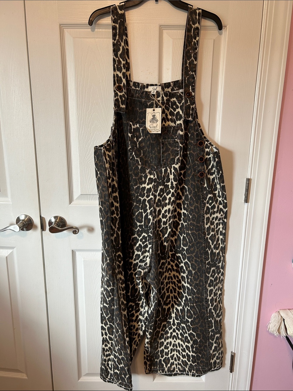 Easel Leopard-Print Denim Oversized Overalls in Black and Cream